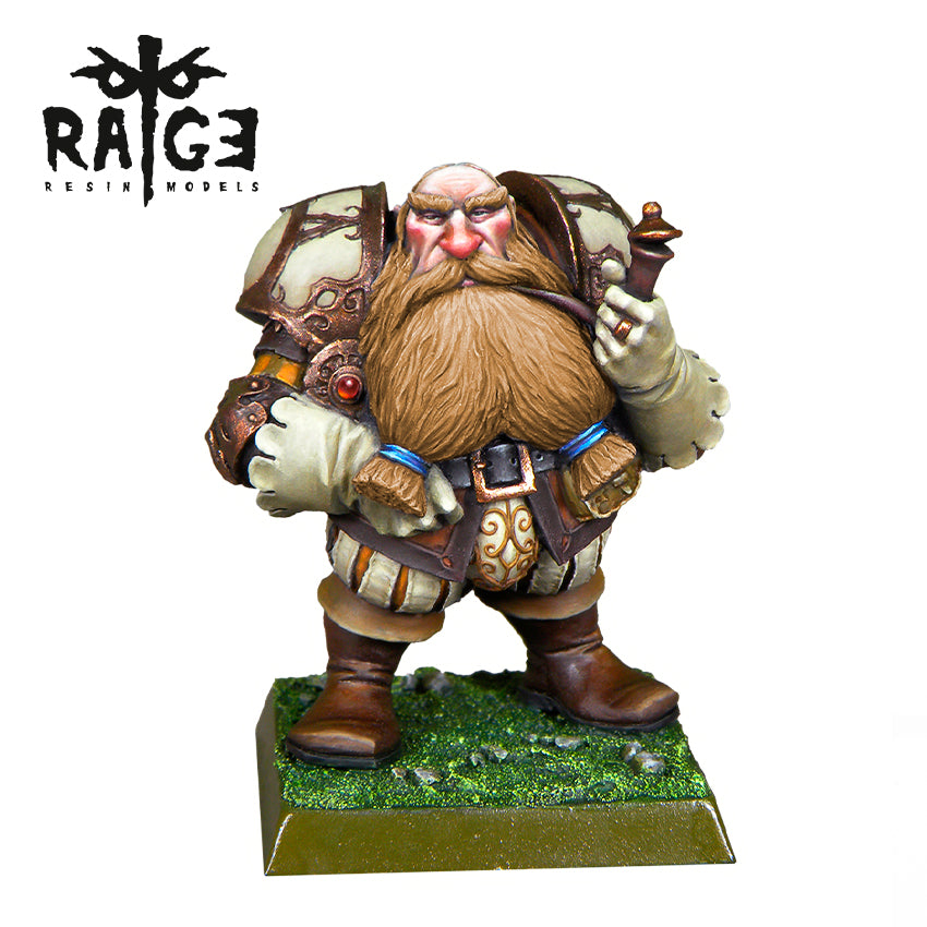 A miniature Yugen Bad Pipe Figure depicts a grumpy, bearded dwarf in ornate armor holding a pipe, standing on a grassy base