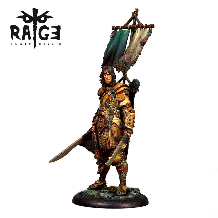 A detailed 54mm Sumothay Prior Warrior figure in ornate armor, holding two swords, with a tattered banner on its back