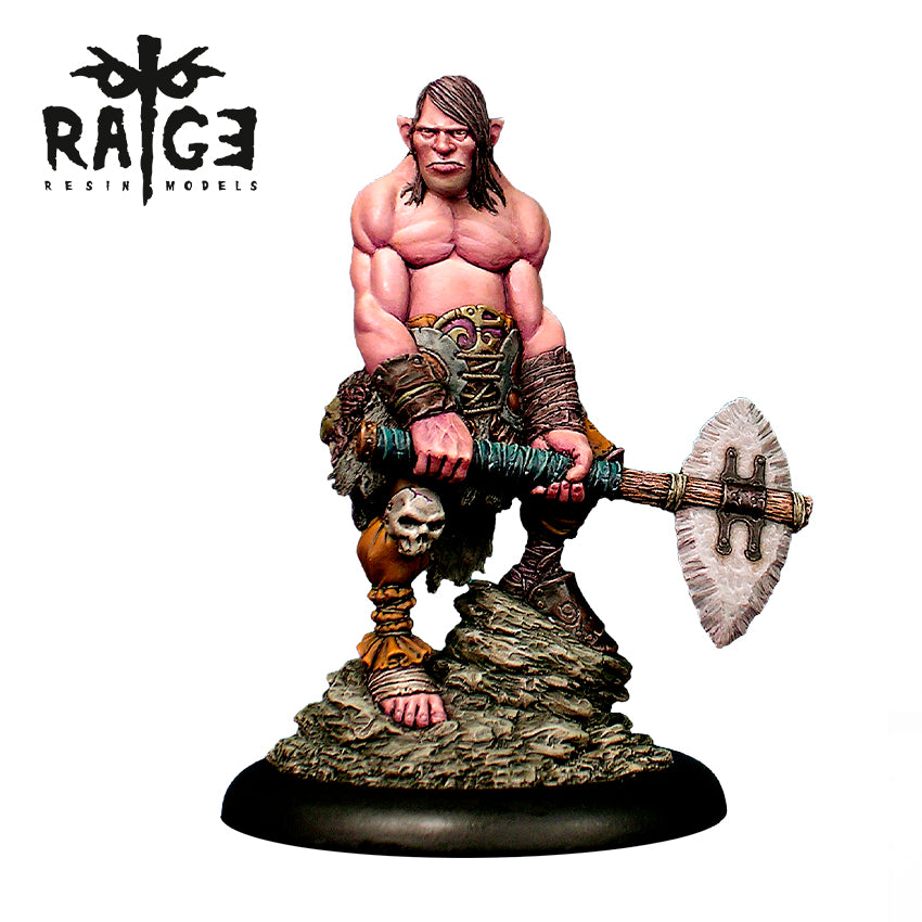 A detailed miniature figure of a muscular barbarian holding a large axe, standing on a textured base