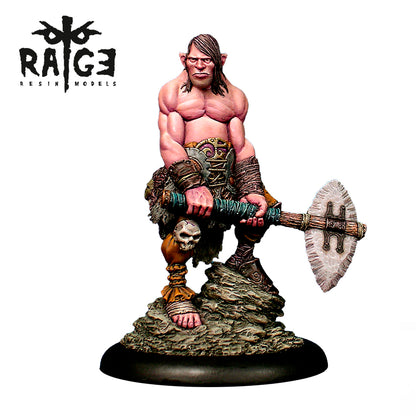 A detailed miniature figure of a muscular barbarian holding a large axe, standing on a textured base