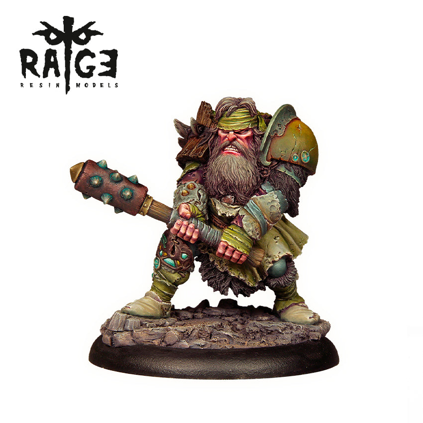 A painted miniature of the Brom Hard Bark figure, a bearded warrior in armor holding a spiked club, standing on a rocky base