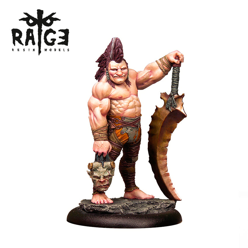 A muscular Jareck Demon-Hunter Figure with a mohawk holds a large sword and a severed head, standing on a rocky base