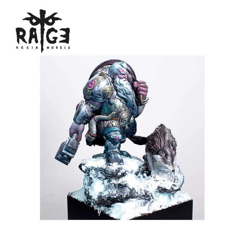 A Halsten Wolf Nose figure of a bearded warrior in armor with a hammer and a wolf on a snowy base