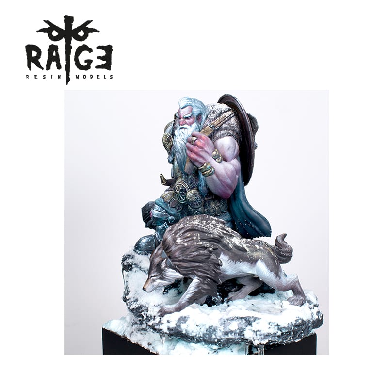 A painted Halsten Wolf Nose miniature figure depicts a bearded man and a wolf on a snowy base