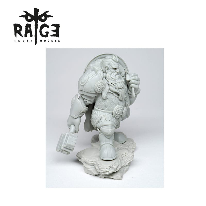 Gray resin Halsten Wolf Nose Figure, a dwarf in armor with a hammer, stands on a textured base