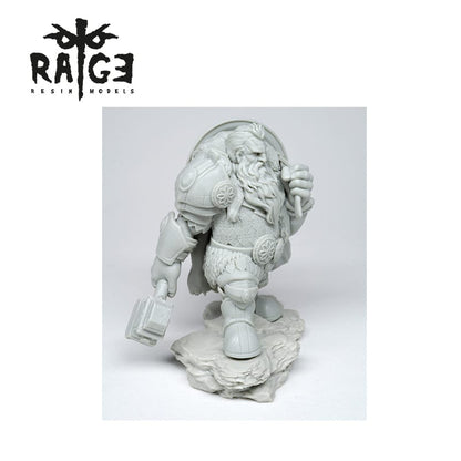 Gray resin Halsten Wolf Nose Figure, a dwarf in armor with a hammer, stands on a textured base