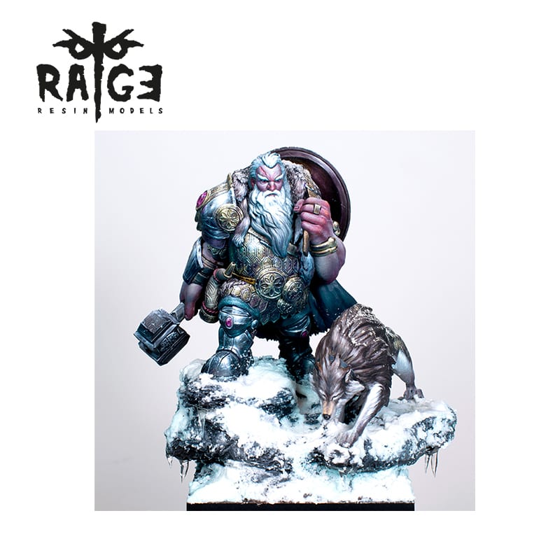 Halsten Wolf Nose Figure, a fantasy resin model of an armored bearded man with a hammer and shield standing on snow-covered rocks next to a wolf