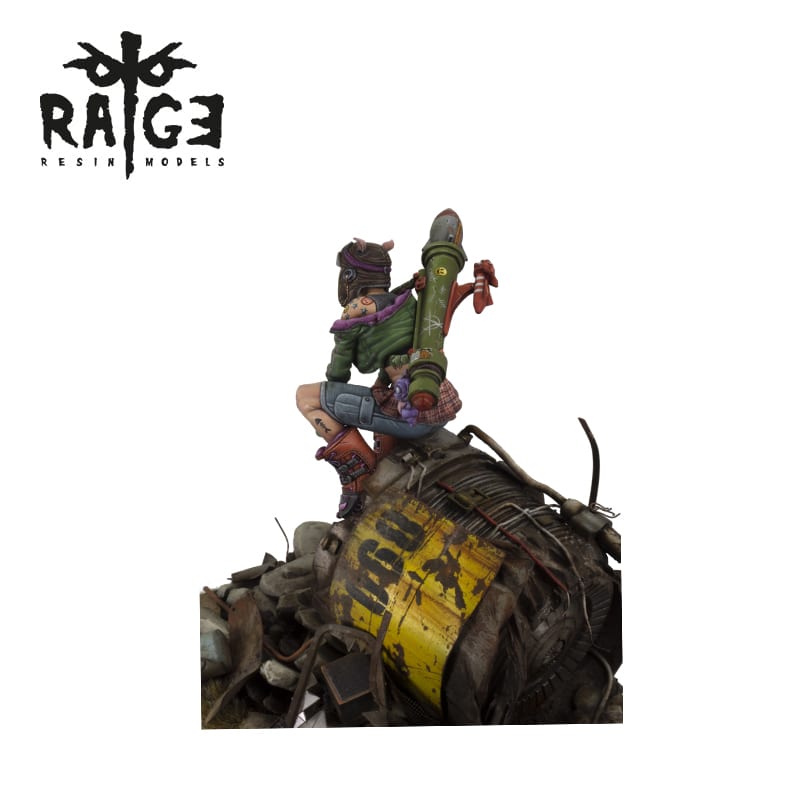 RAGE RESIN MODELS: Miniature of a scavenger with a rocket launcher, perched on a large piece of industrial wreckage