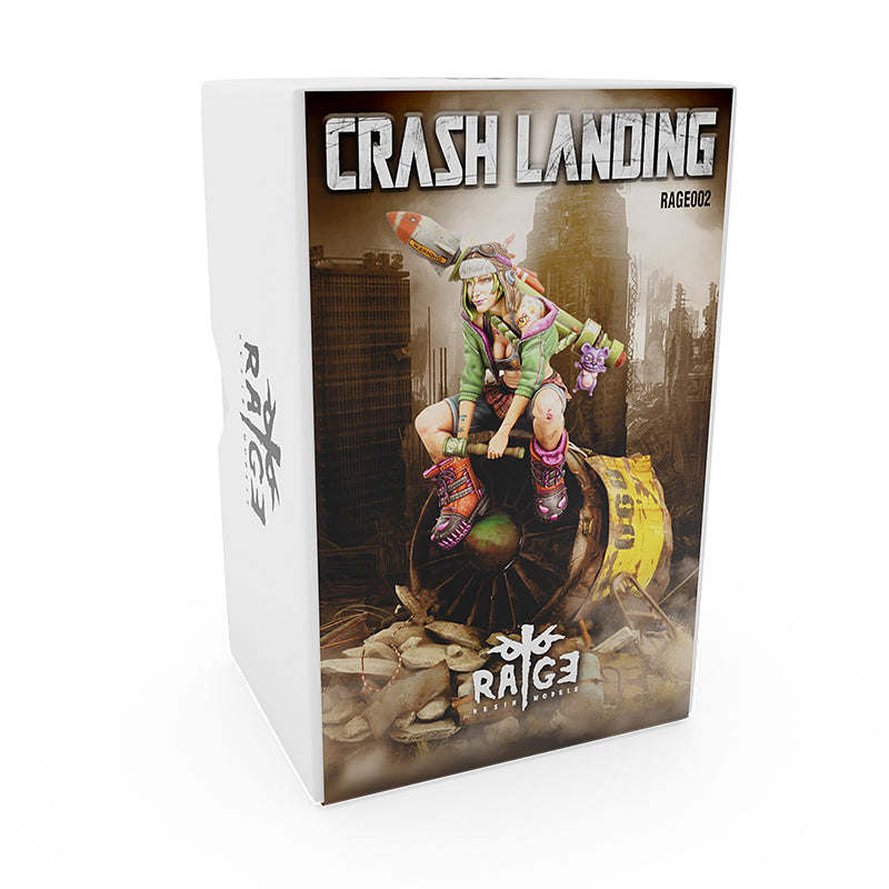 Crash Landing model kit box: Punk girl with rocket sits on a broken jet engine in a ruined city