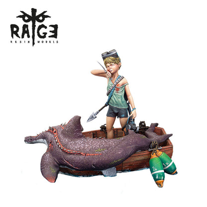 A Shark Hunter Resin Figure depicting a person in a small boat with a large wounded shark-like creature and two green torpedoes, holding a knife and a spear