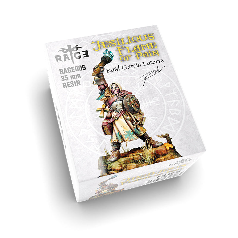 White product box displaying a 35mm resin miniature: a hooded warrior with a shield, holding a blue flaming torch high