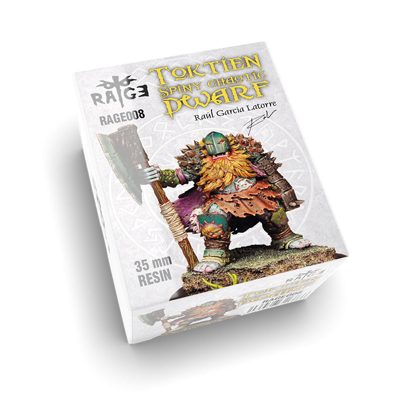 Box for a 35mm resin 'Toktien Spiny Chaotic Dwarf' miniature, armored and wielding a large axe