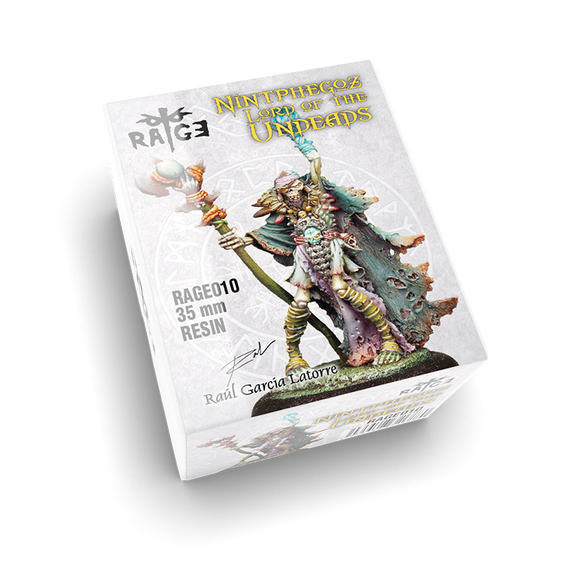 RAGE product box showing a painted 35mm resin miniature of Nintphegoz, a skeletal Undead Lord with a staff, raising a hand