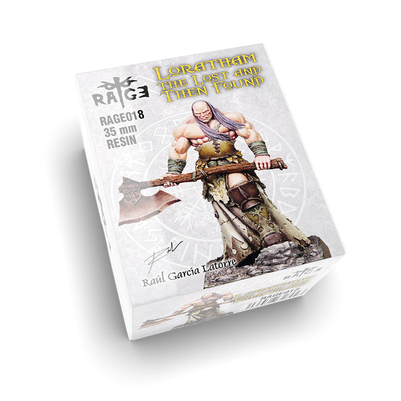 Features a muscular, bald fantasy warrior with long purple hair holding a large axe