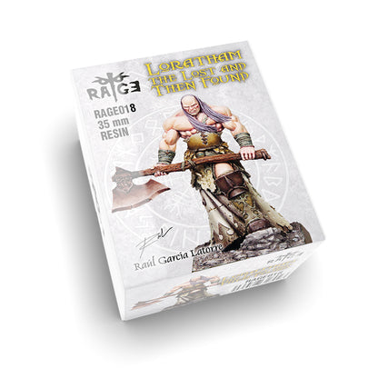 Features a muscular, bald fantasy warrior with long purple hair holding a large axe