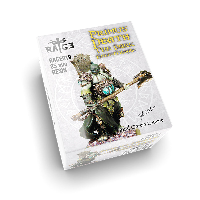Box for 'Primus Death: The Dark Executioner,' a 35mm resin fantasy miniature of an executioner holding a tombstone axe
