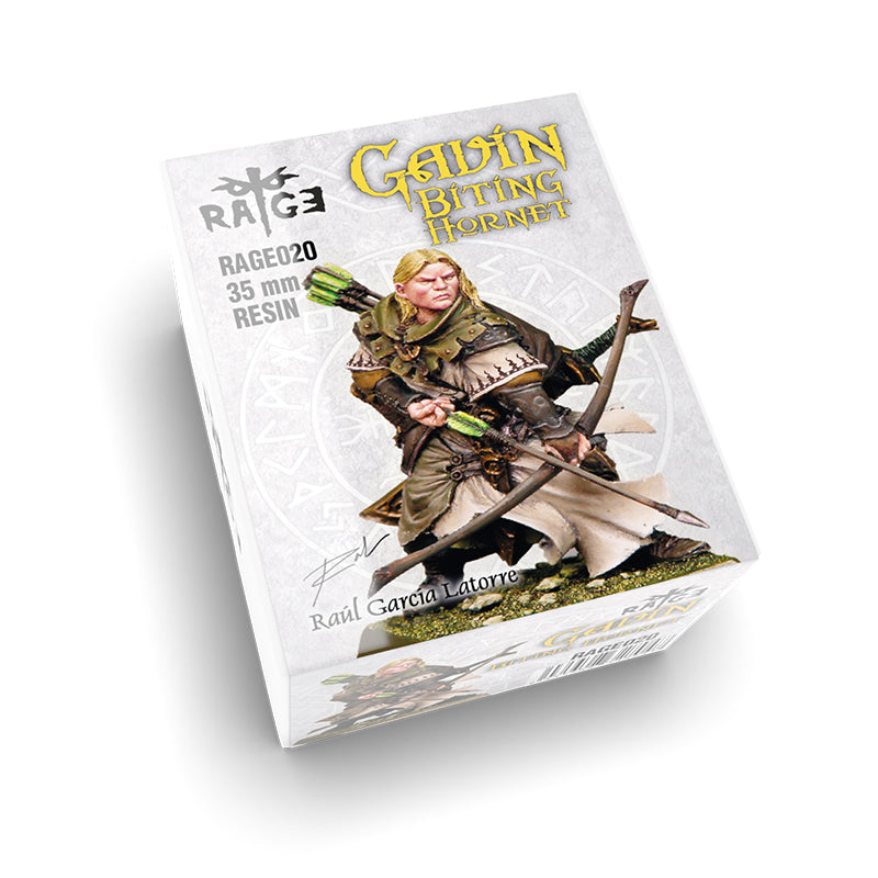 Product box for 'Gaidin Biting Hornet' 35mm resin miniature, showing a blond archer with a bow and quiver, poised
