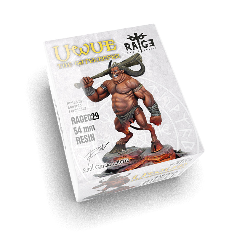 Box for "Uwue The Gatekeeper" resin miniature: a muscular, horned demon wielding a large club over its shoulder