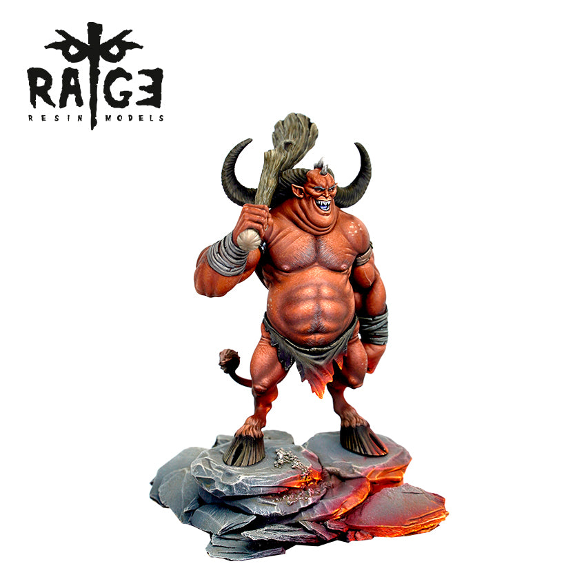 A red, horned demon resin model, muscular and grinning, holding a club over its shoulder on a fiery rock base