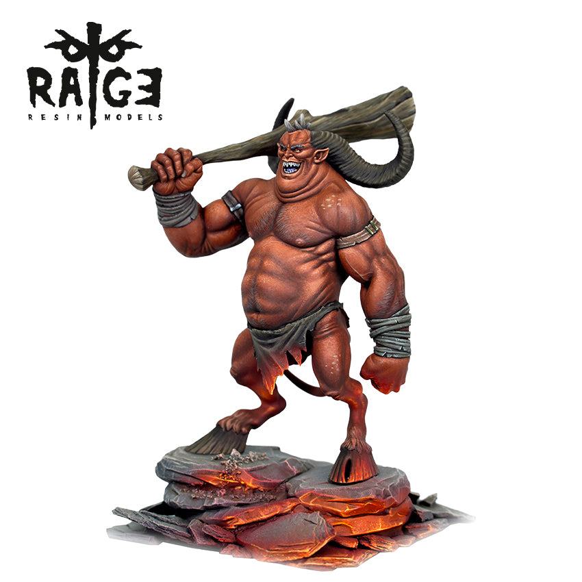 Detailed resin model of a muscular, red-skinned demon with horns and fangs, wielding a large club on a glowing rock base