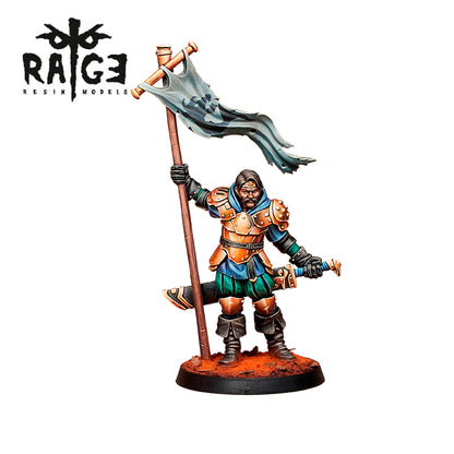 A painted miniature of Captain Nork holding a tattered gray banner and a sword, wearing orange and blue armor, standing on a reddish-brown base