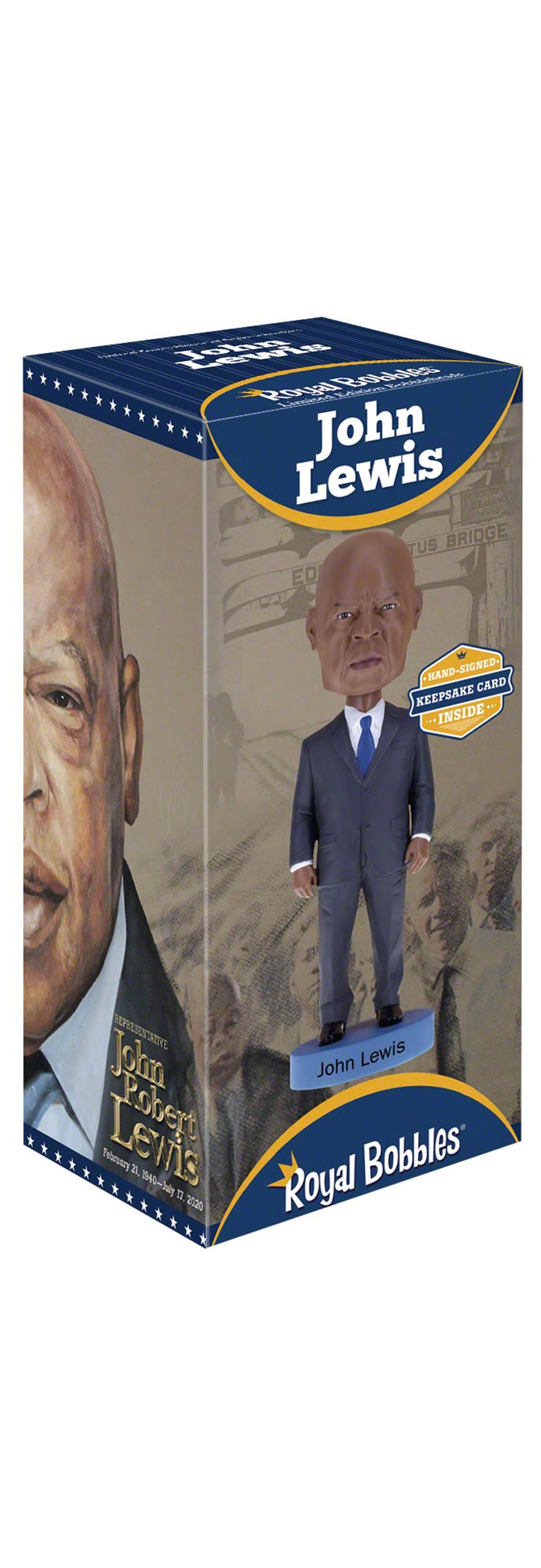 John Lewis Royal Bobbles bobblehead with artist autographed collector card includes a detailed depiction of the civil rights icon