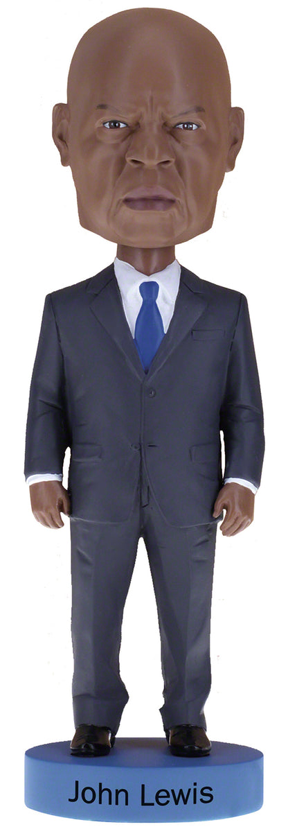 Royal Bobbles John Lewis bobblehead wearing a blue suit white shirt and blue tie with his name on the base