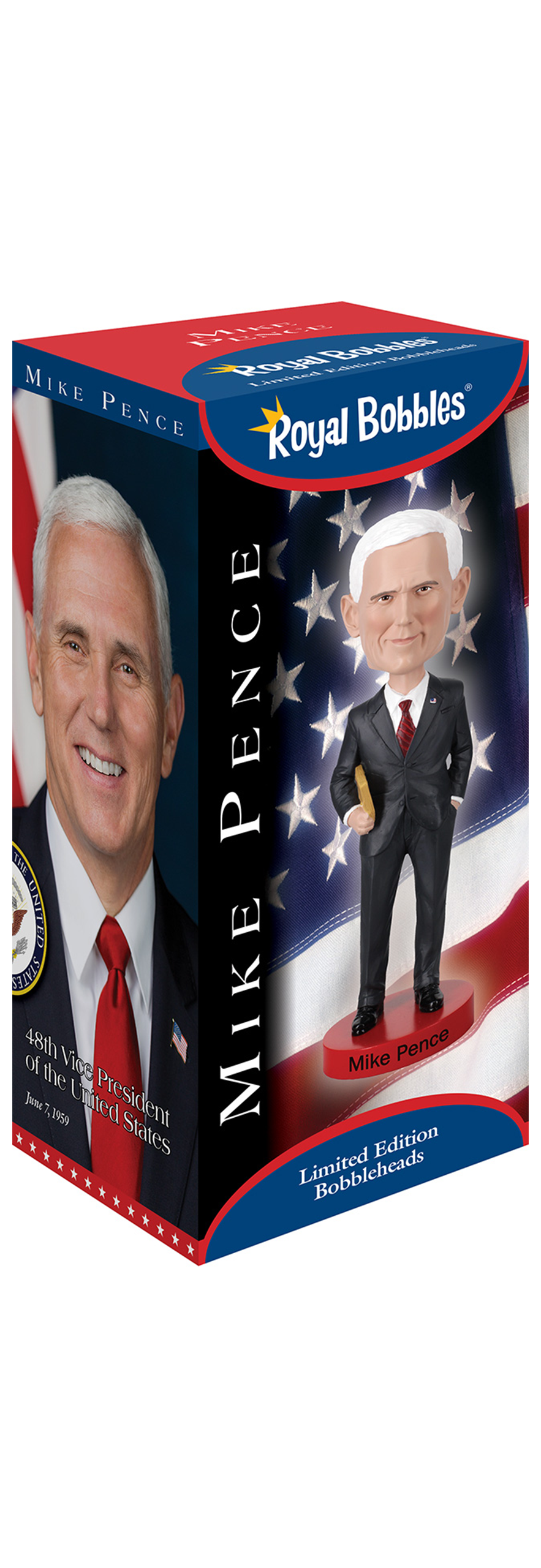 Mike Pence Royal Bobbles Limited Edition Bobblehead in full black suit with red tie standing on a red base with his name against an American flag background in the product box