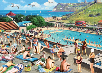 Painting of a bustling, crowded outdoor lido (swimming pool) by the coast, filled with sunbathers and swimmers