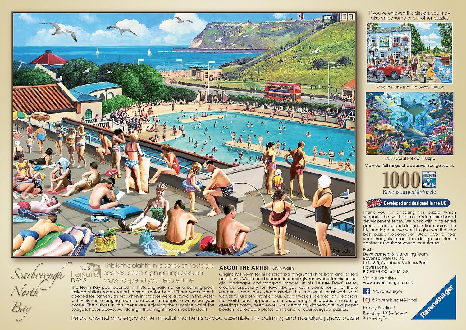 Nostalgic painting of a busy Scarborough North Bay seaside lido, packed with sunbathers and swimmers