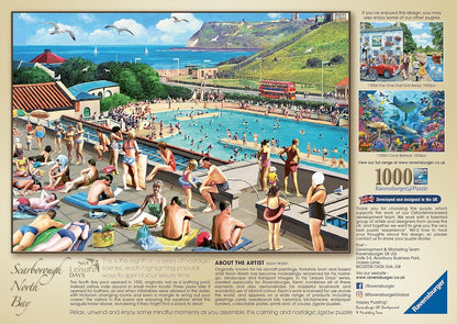 Nostalgic painting of a busy Scarborough North Bay seaside lido, packed with sunbathers and swimmers