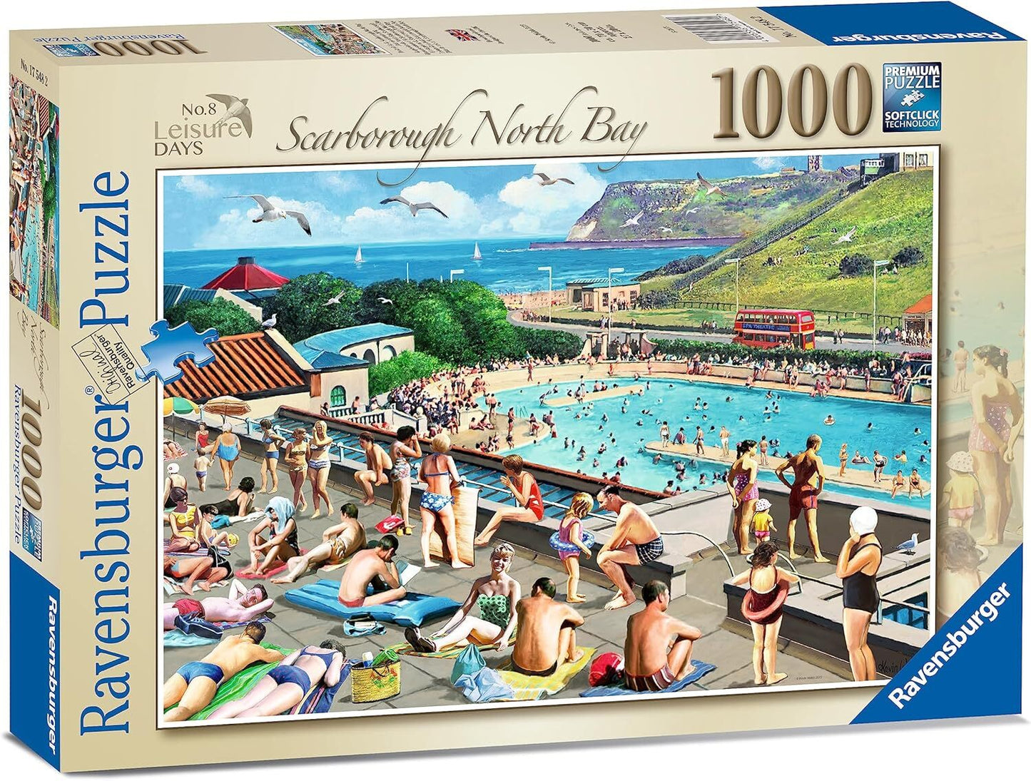 Ravensburger puzzle box showing a busy illustration of people swimming and sunbathing at a large seaside lido
