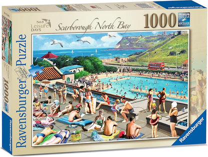 Ravensburger puzzle box showing a busy illustration of people swimming and sunbathing at a large seaside lido