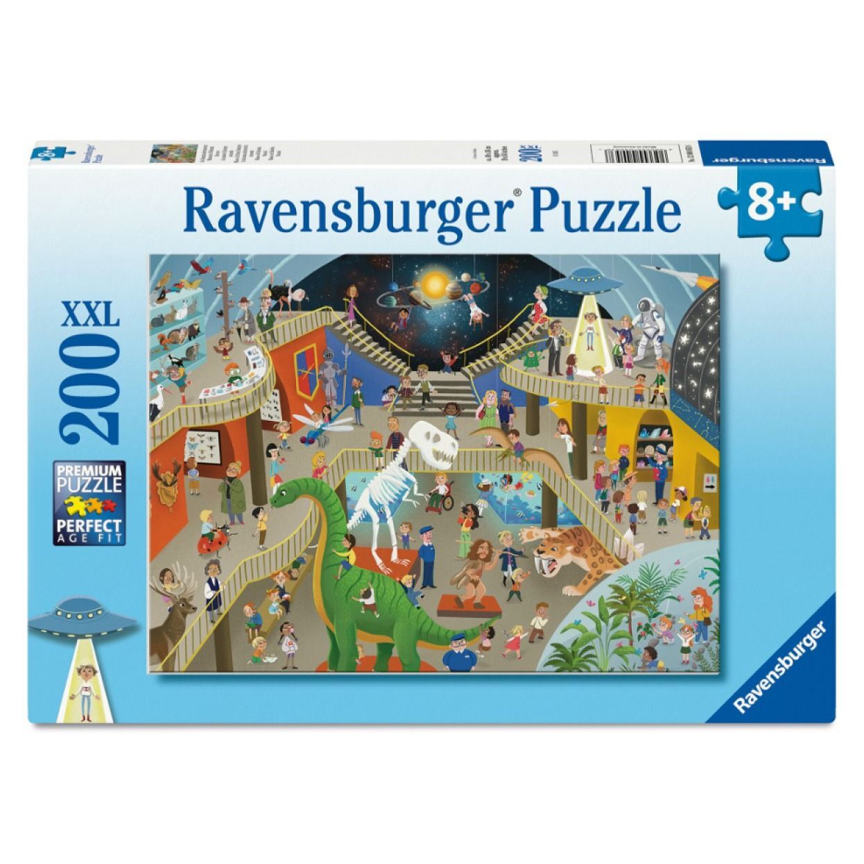 Ravensburger puzzle box, 200 pieces, showing a busy museum scene with dinosaurs, skeletons, and space exhibits