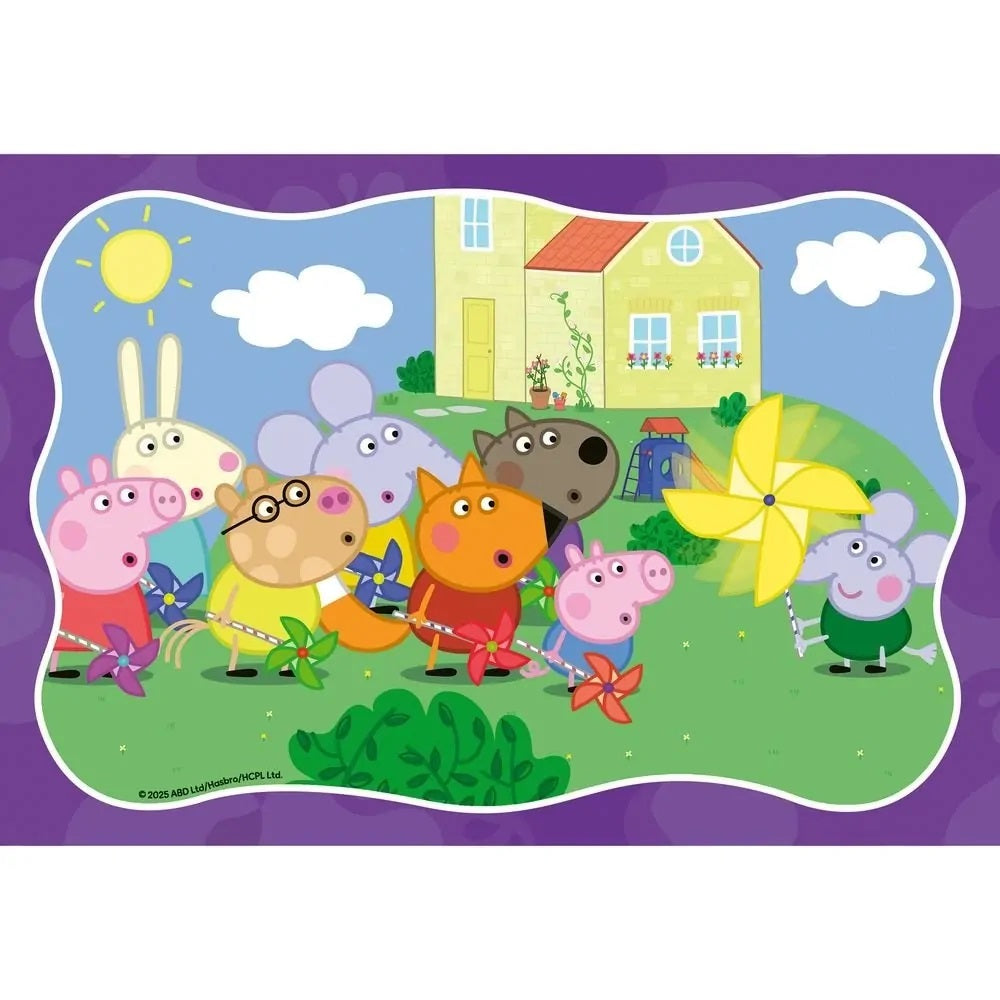 Peppa Pig and friends holding colorful pinwheels while playing outdoors in front of a yellow house