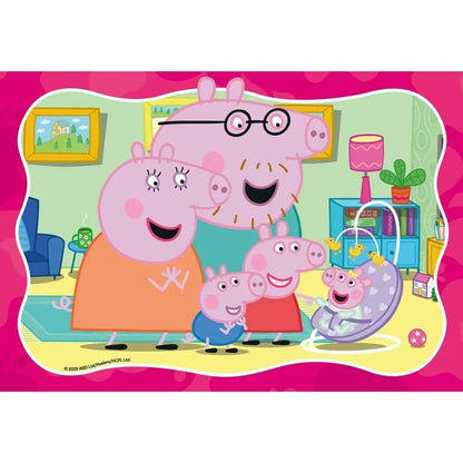 Peppa Pig family portrait showing five smiling pigs gathered around the baby in a purple bouncer