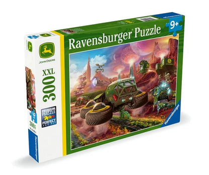 Ravensburger 300-piece puzzle box showing futuristic John Deere farm vehicles operating on a colorful alien landscape