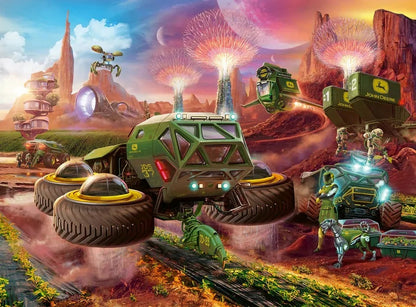 Sci-fi illustration of a green, hovering John Deere tractor cultivating crops on an alien planet