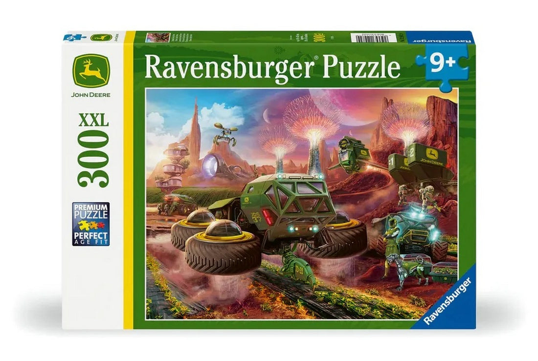 Ravensburger John Deere puzzle box depicting flying green futuristic tractors cultivating an alien planet landscape
