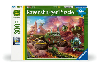 Ravensburger John Deere puzzle box depicting flying green futuristic tractors cultivating an alien planet landscape