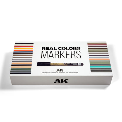 A white box for Real Colors Markers featuring a sample marker and numerous color swatches on its top surface