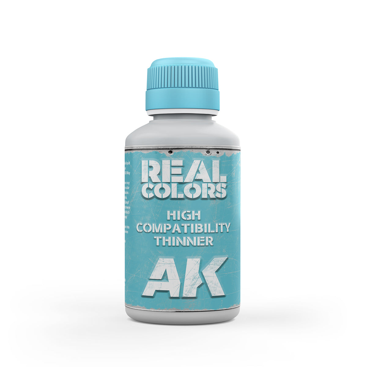 AK Real Colors High Compatibility Thinner bottle, with a light blue cap and distressed teal label.