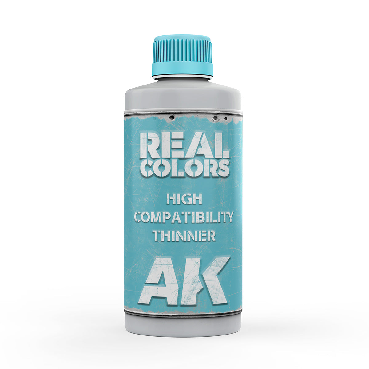 Grey bottle of AK Real Colors High Compatibility Thinner, with a blue cap and distressed blue label.