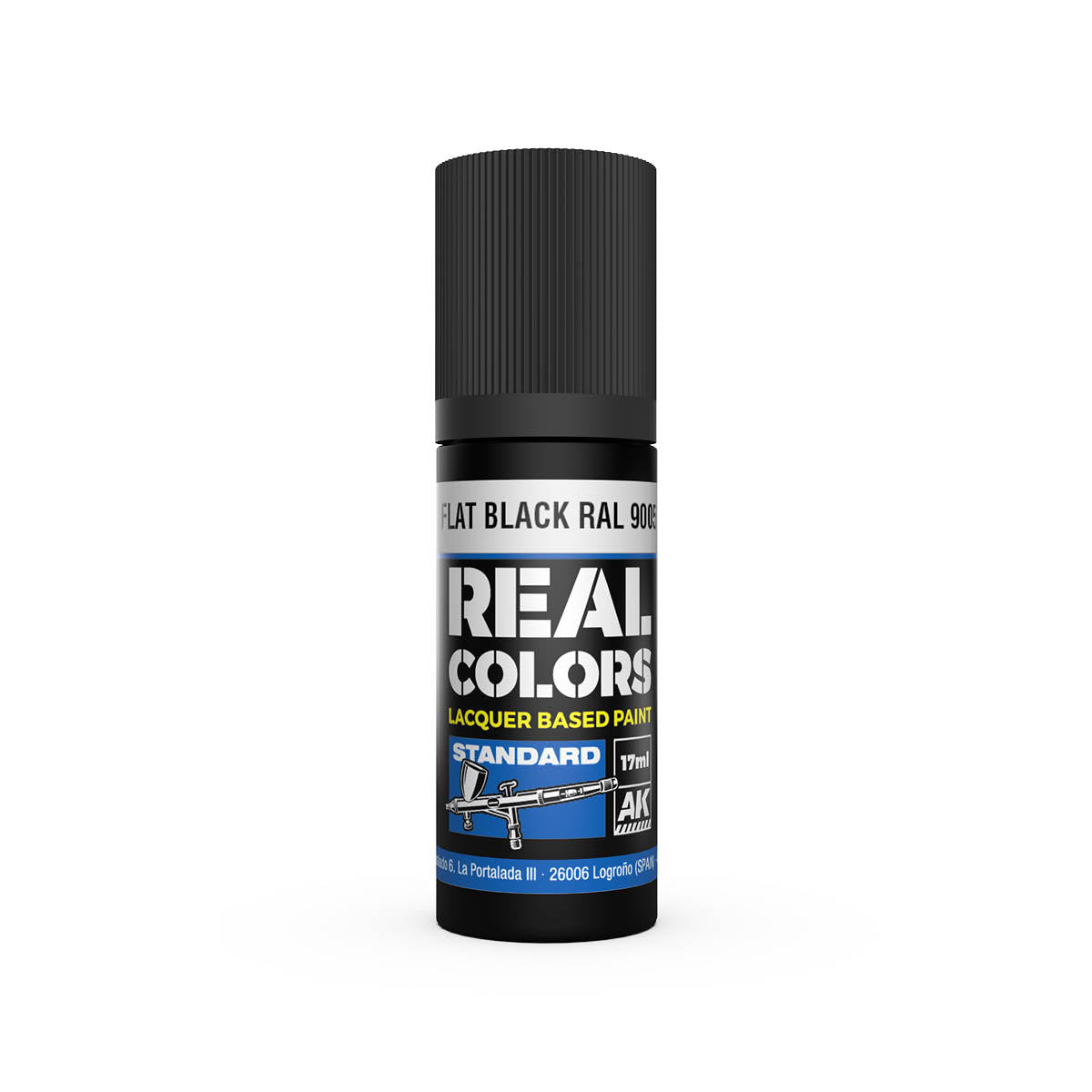 A black 17ml bottle of Real Colours Flat Black RAL 9005 lacquer paint