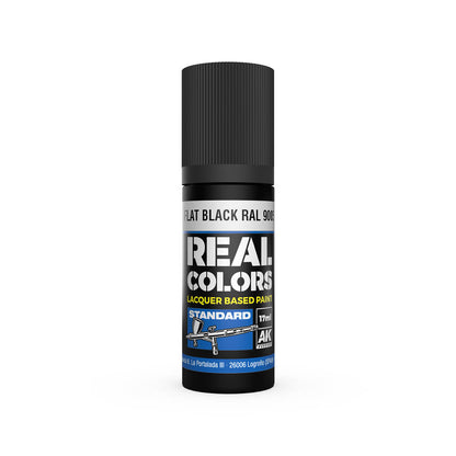 A black 17ml bottle of Real Colours Flat Black RAL 9005 lacquer paint