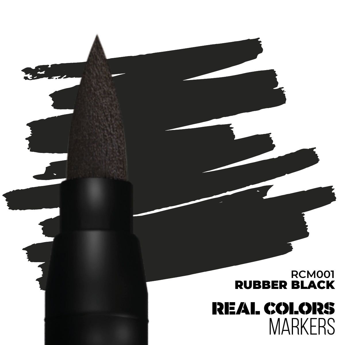 Black brush marker and 'Rubber Black' ink swatches on white