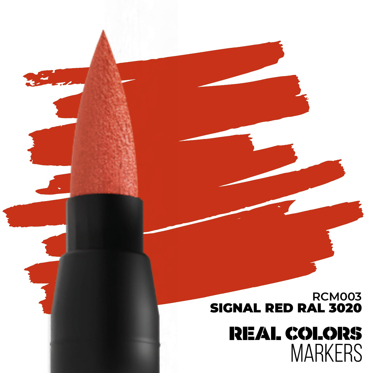 Close-up of a Signal Red marker's brush tip drawing bold red strokes on a white background
