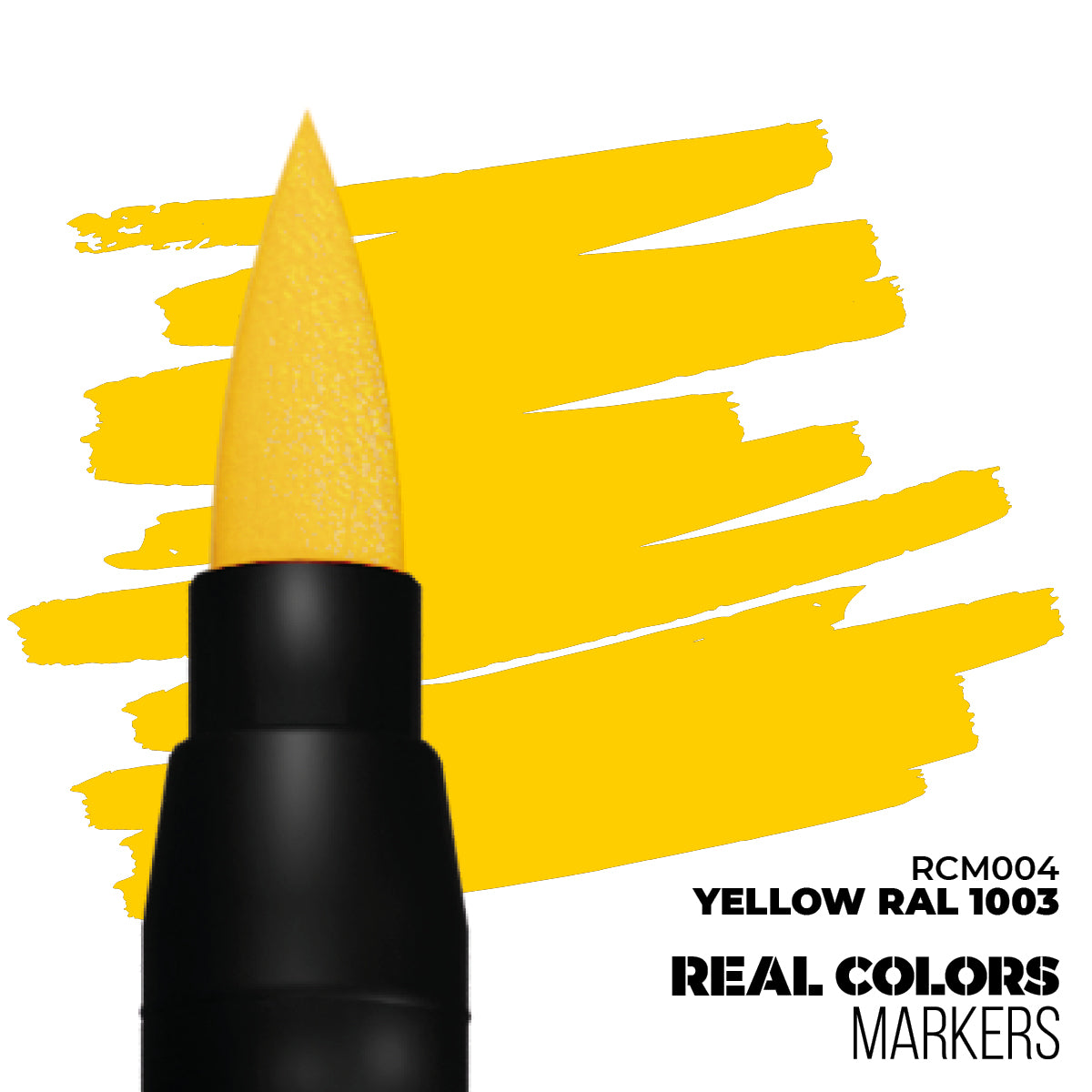 Black marker with yellow brush tip creating vibrant yellow strokes. Labeled REAL COLORS MARKERS, YELLOW RAL 1003
