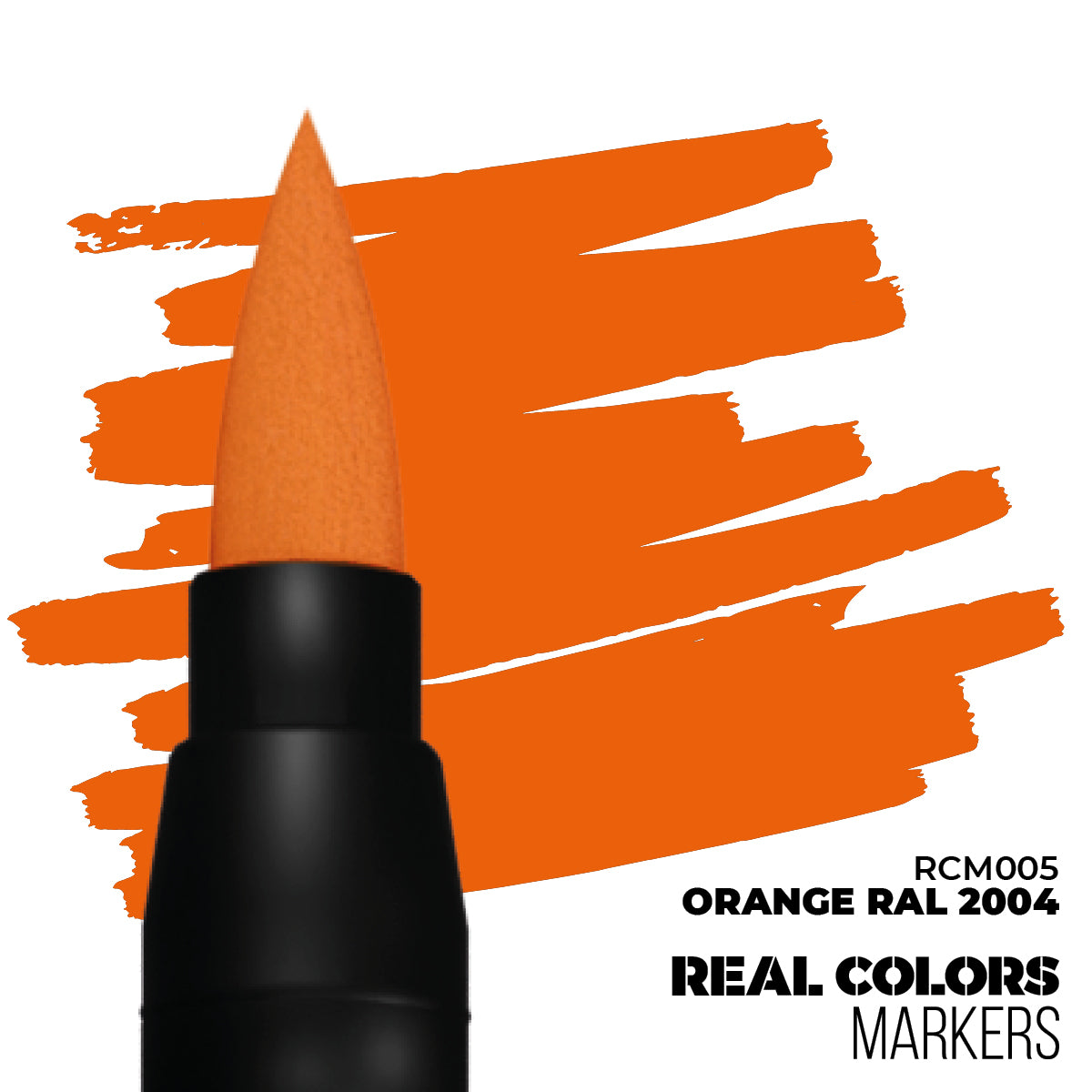 Black marker with orange brush tip creates bold orange strokes on white. Labeled 'Orange RAL 2004'