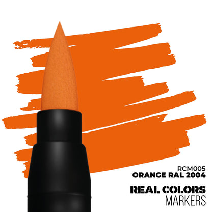 Black marker with orange brush tip creates bold orange strokes on white. Labeled 'Orange RAL 2004'